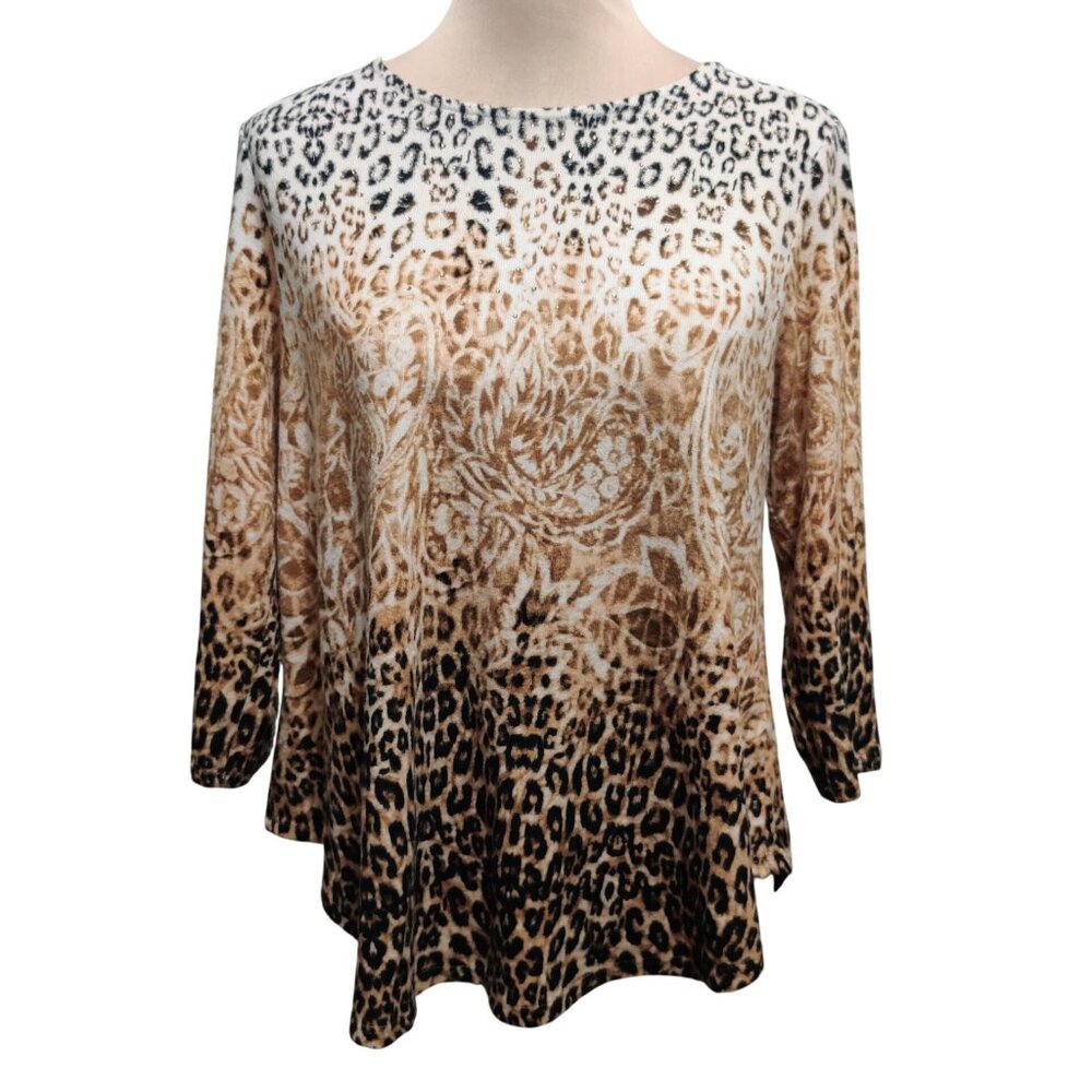 Ruby Rd M Petite Leopard Ombre Paisley Animal Print Top 3/4 Sleeve Crystal Soft